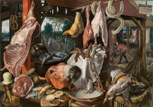 A Meat Stall with the Holy Family Giving Alms (The Butcher’s Stall) — Northern Renaissance